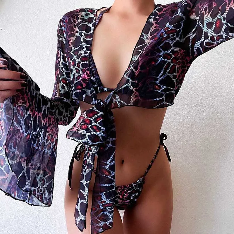 Dark Leopard Print Triangle String Bikini Bathing Suit and Smock Coverup