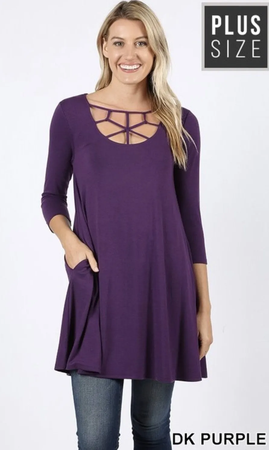 Dark Purple 3/4 Sleeve Caged Tunic Pocket Top