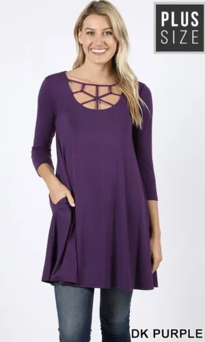 Dark Purple 3/4 Sleeve Caged Tunic Pocket Top