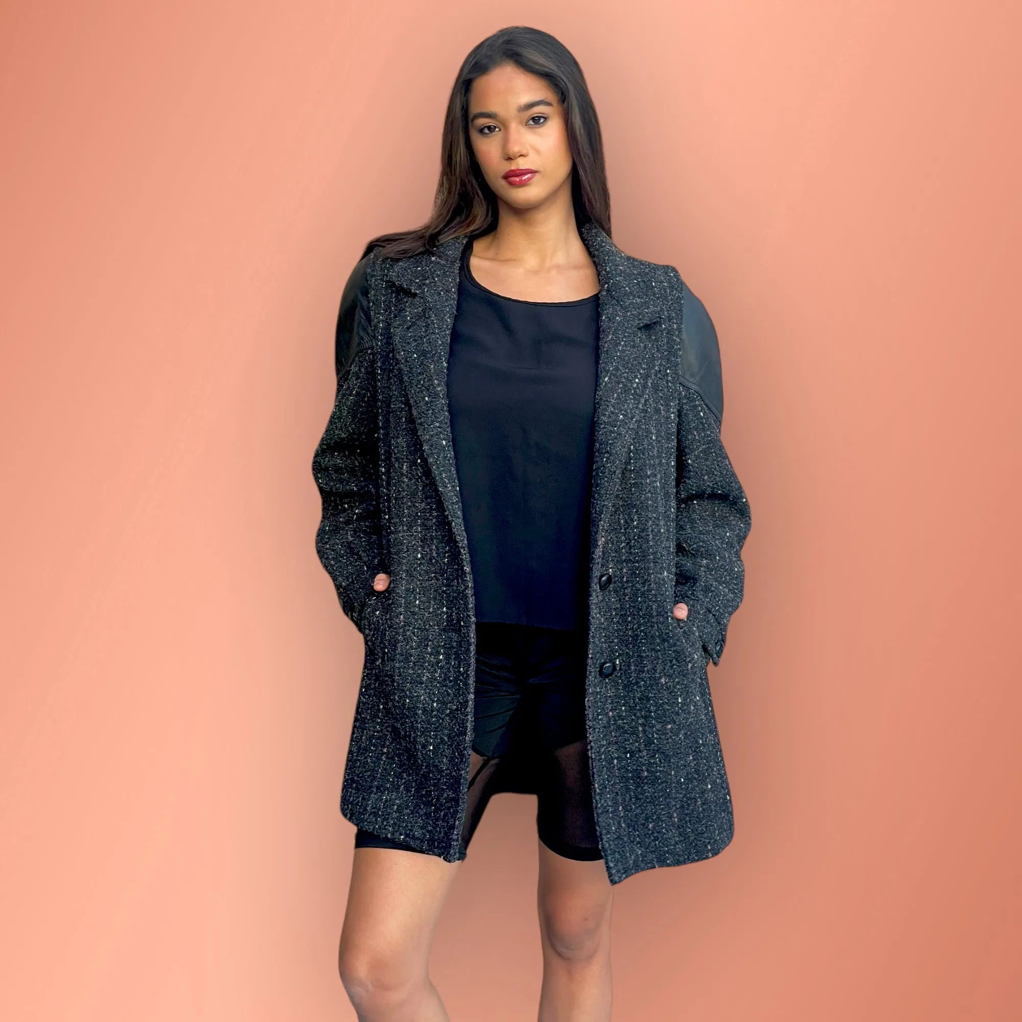 Fashionable Vintage Pink & White Pinstriped Grey Tweed Wool Blend Coat with Leather Shoulder