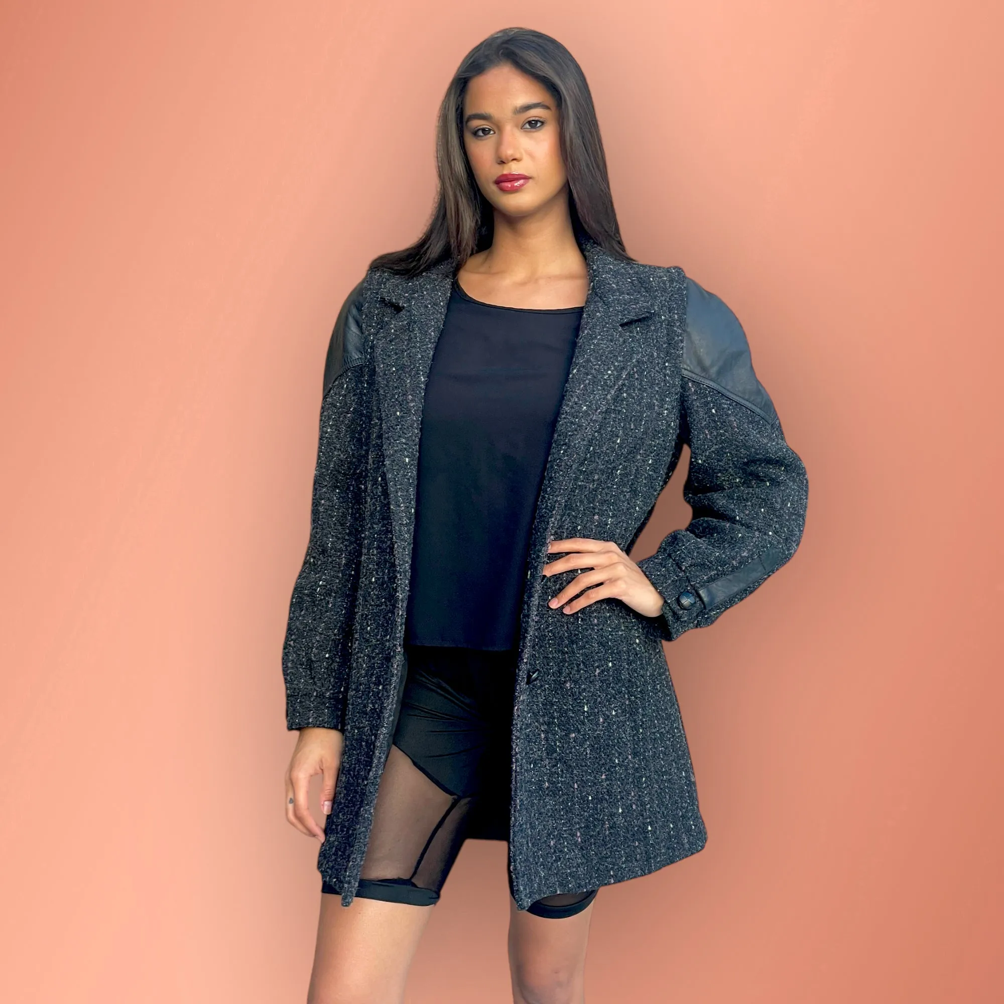 Fashionable Vintage Pink & White Pinstriped Grey Tweed Wool Blend Coat with Leather Shoulder