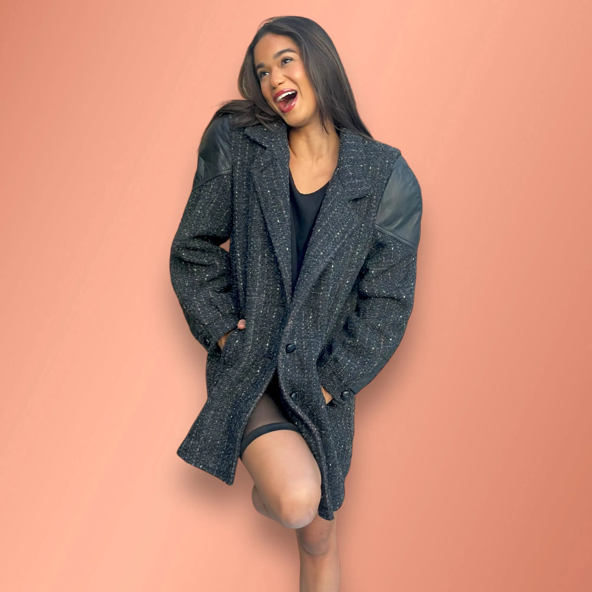 Fashionable Vintage Pink & White Pinstriped Grey Tweed Wool Blend Coat with Leather Shoulder