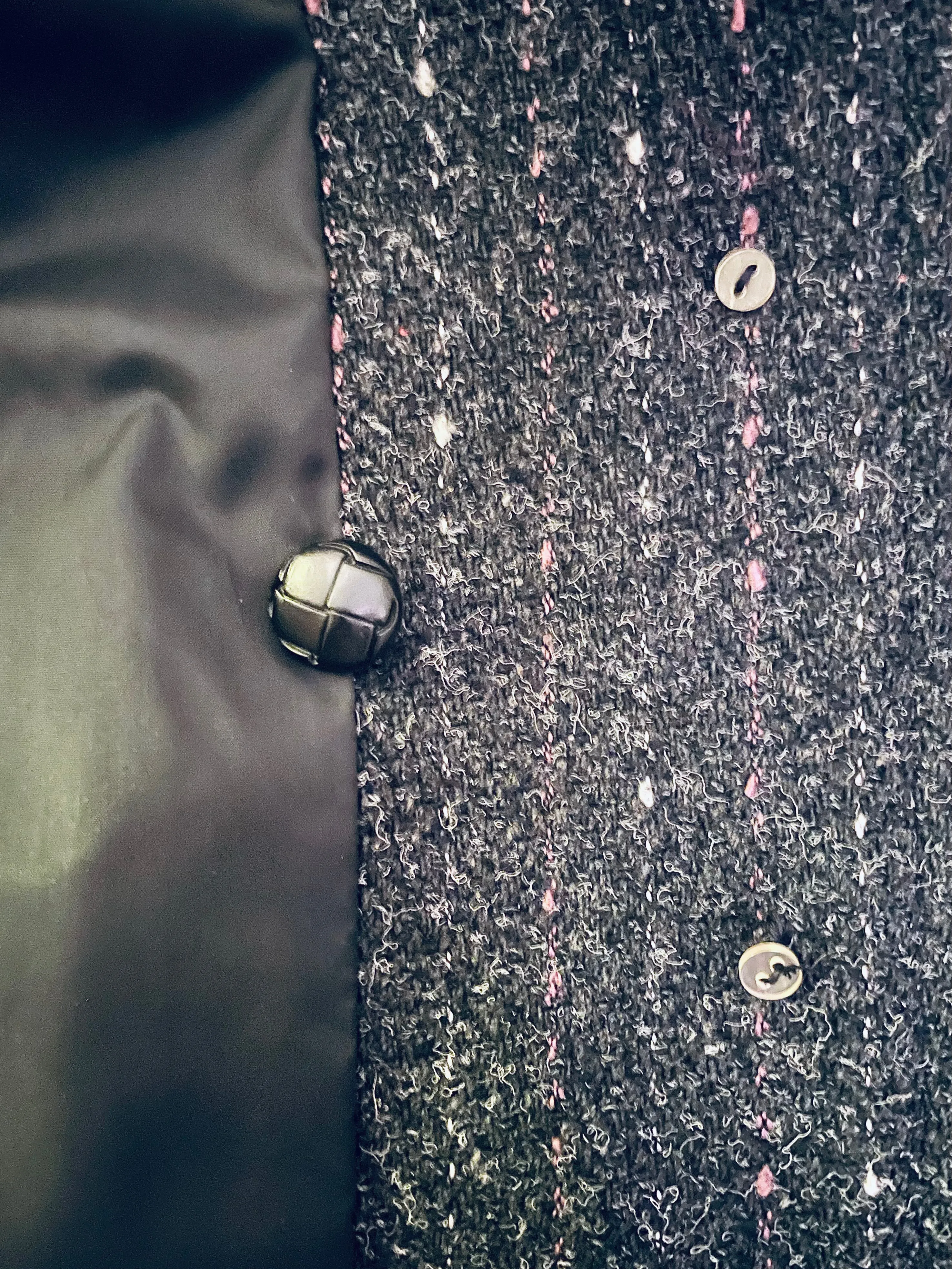 Fashionable Vintage Pink & White Pinstriped Grey Tweed Wool Blend Coat with Leather Shoulder