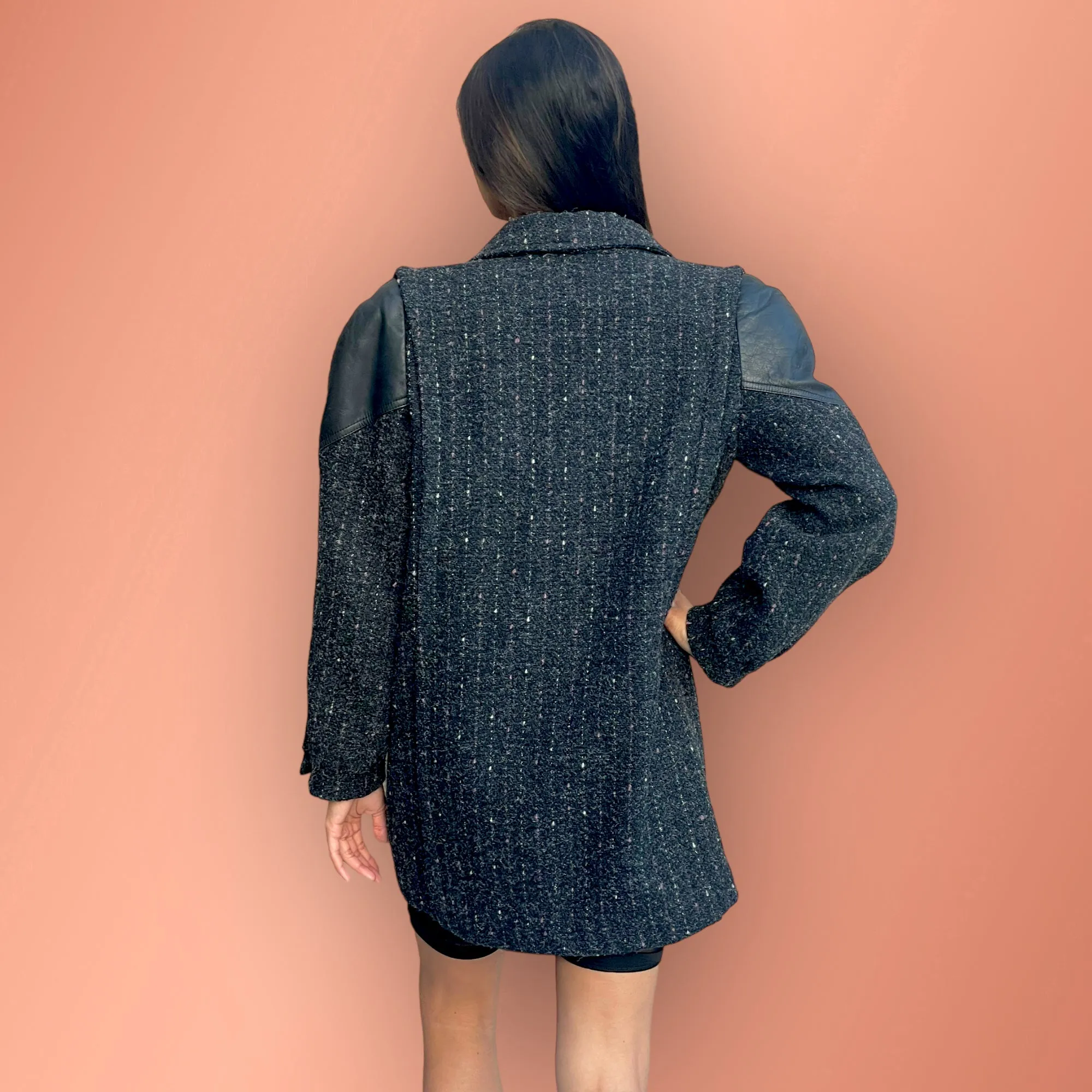 Fashionable Vintage Pink & White Pinstriped Grey Tweed Wool Blend Coat with Leather Shoulder