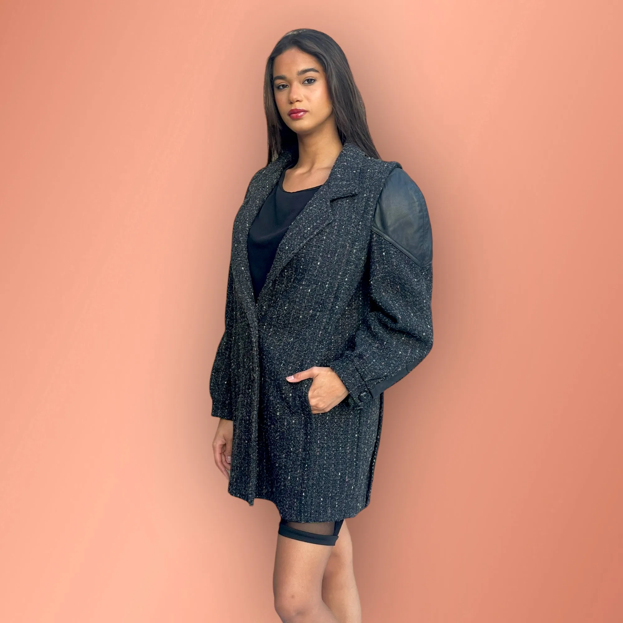 Fashionable Vintage Pink & White Pinstriped Grey Tweed Wool Blend Coat with Leather Shoulder