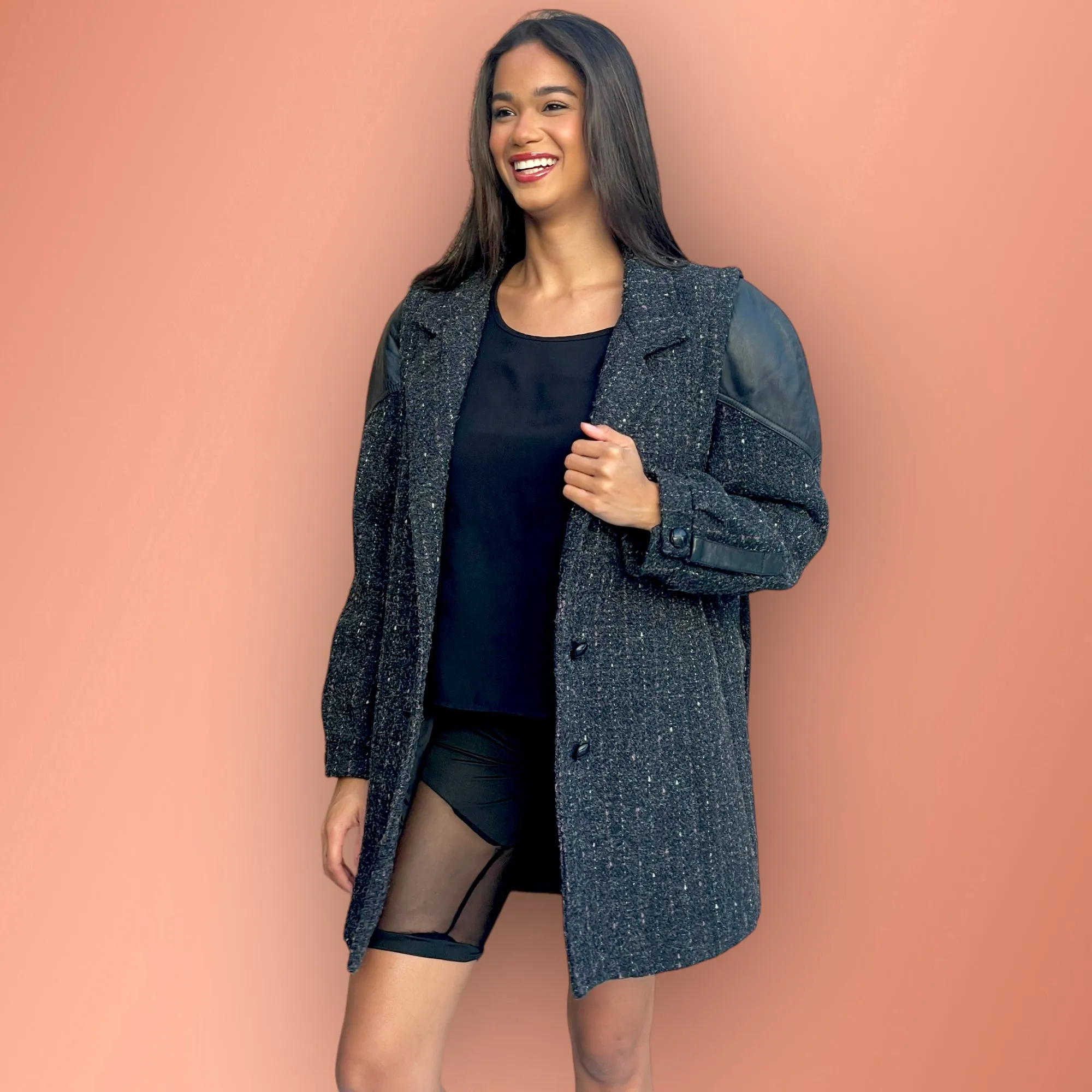 Fashionable Vintage Pink & White Pinstriped Grey Tweed Wool Blend Coat with Leather Shoulder