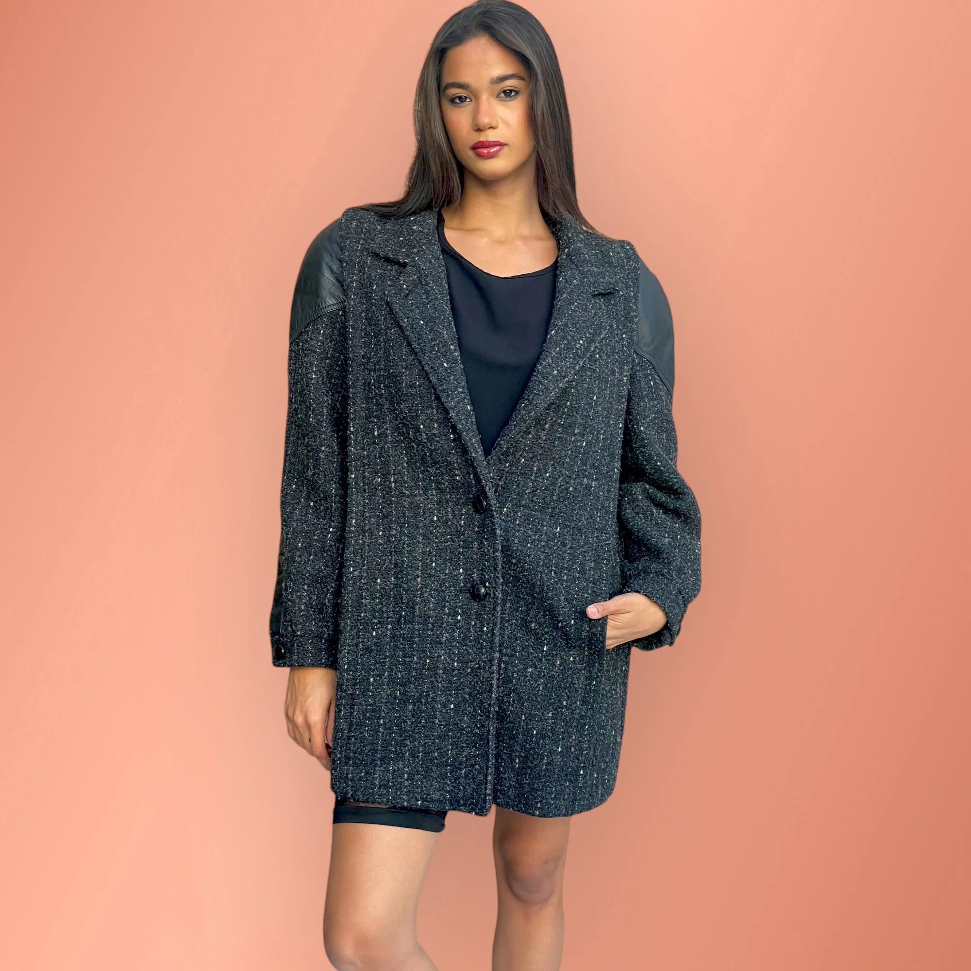 Fashionable Vintage Pink & White Pinstriped Grey Tweed Wool Blend Coat with Leather Shoulder
