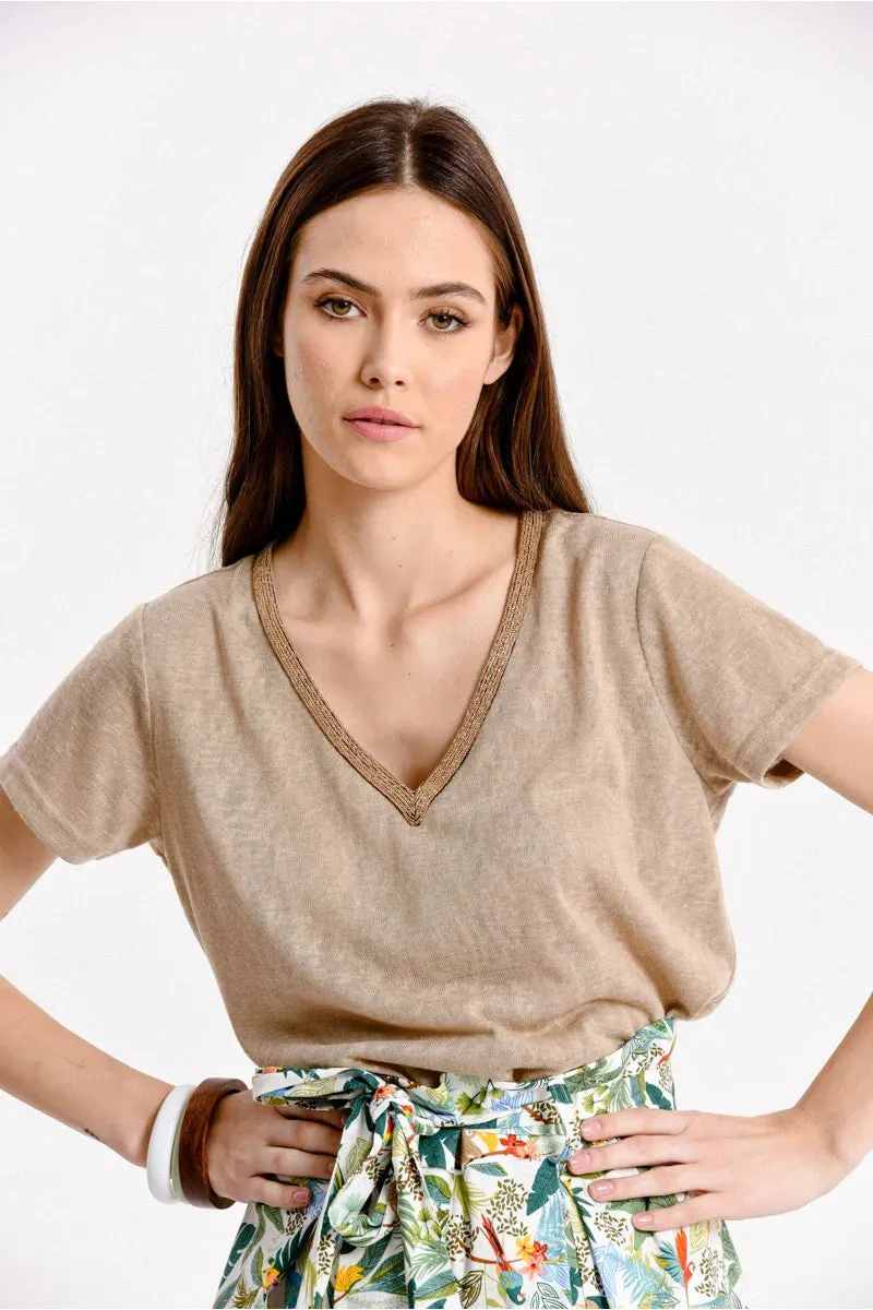 Flamed V-Neck Tee | Khaki