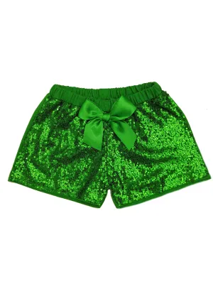 Girls Green Stretchy Waist Sequin Bow Adorned Shorts 9M-8