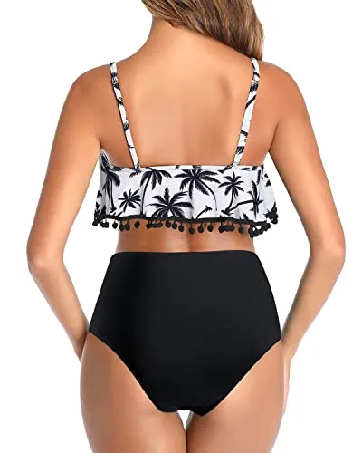 High Waisted Bikini Ruched Bottom Ruffle Swimsuit For Women-Black Palm Tree