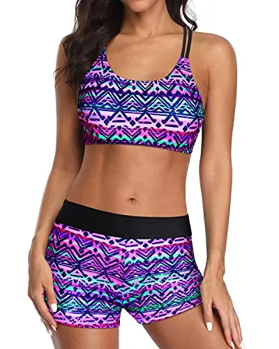 High Waisted Customized Long Torso Tankini Swimsuits For Women-Black And Tribal Purple