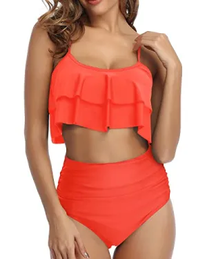 High Waisted Ruched Bikini Removable Padded Cups-Neon Orange