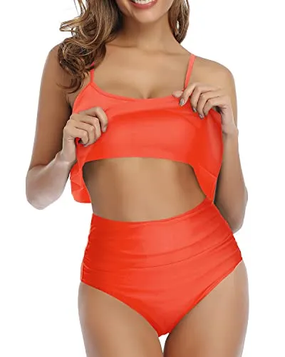 High Waisted Ruched Bikini Removable Padded Cups-Neon Orange