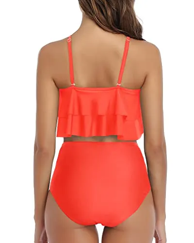 High Waisted Ruched Bikini Removable Padded Cups-Neon Orange