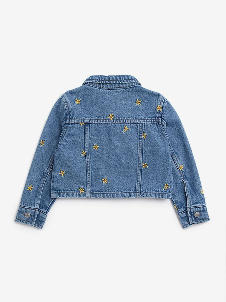 HOP Kids Blue Floral Embroidered Denim Jacket