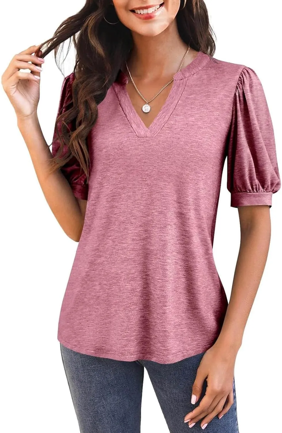 Imily Bela Womens V Neck T Shirts Casual Puff Sleeve Loose Dressy Blouses Summer Tops
