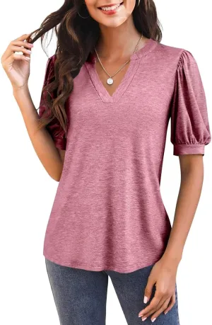 Imily Bela Womens V Neck T Shirts Casual Puff Sleeve Loose Dressy Blouses Summer Tops