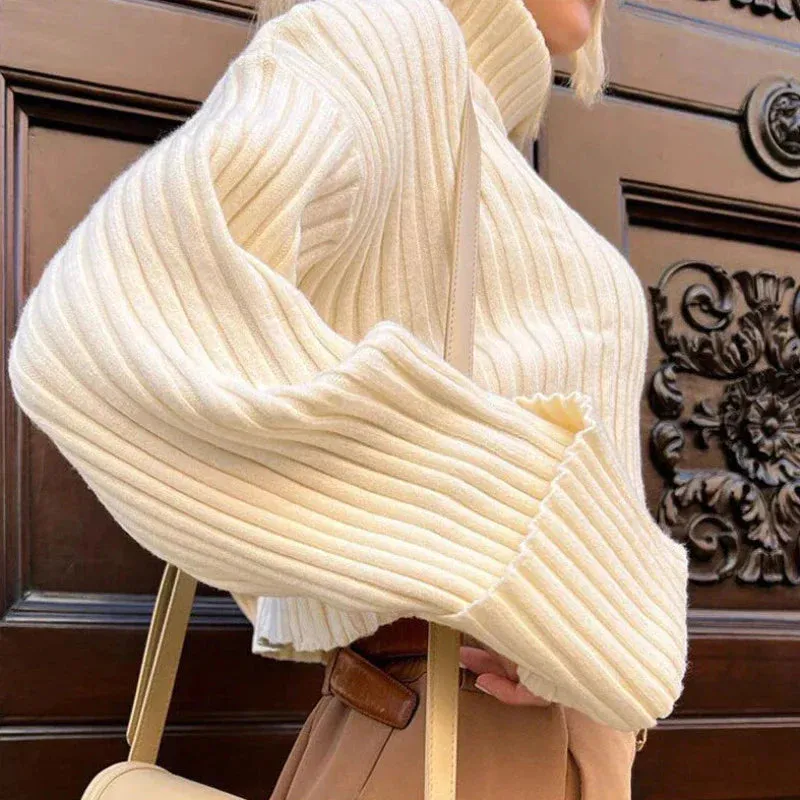Knitted Cotton Turtleneck Crop Sweater