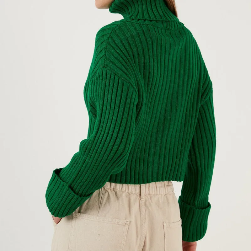Knitted Cotton Turtleneck Crop Sweater