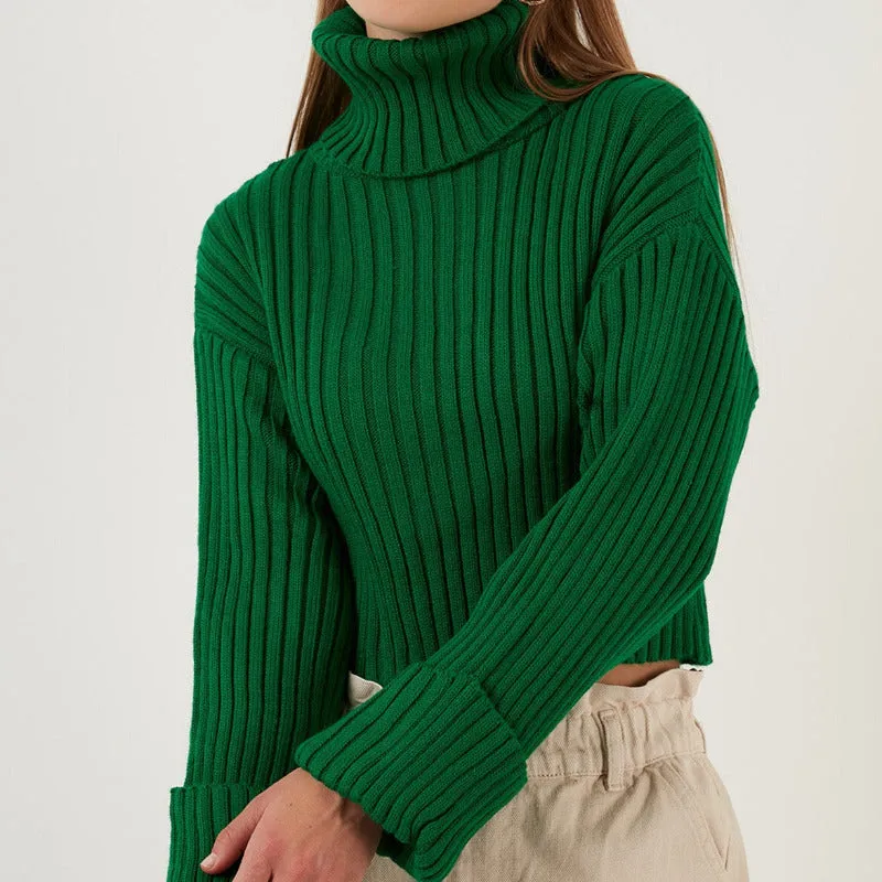 Knitted Cotton Turtleneck Crop Sweater