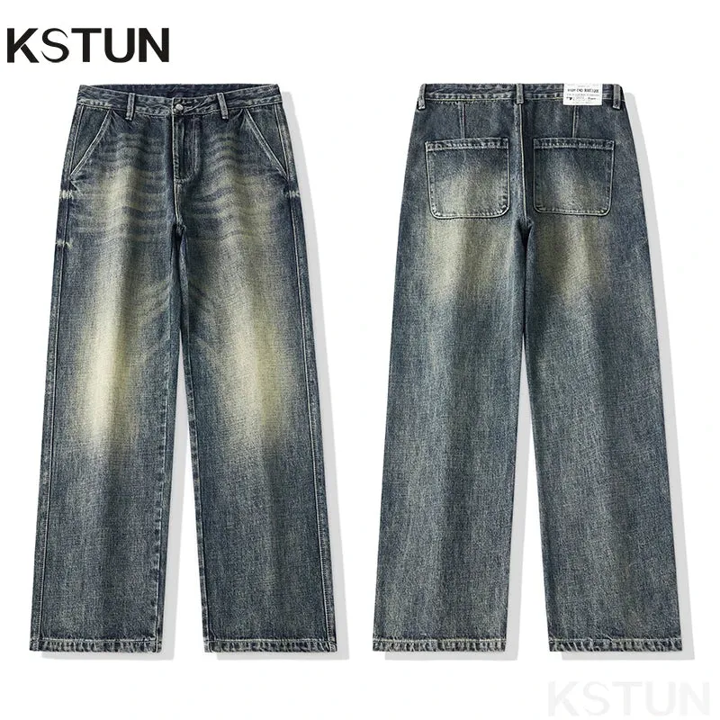 KSTUN Loose Jeans Men Baggy Pants Wide Leg Retro Blue Streetwear Men's Clothing Male Denim Trousers Cowboys Brand Jeans Homme