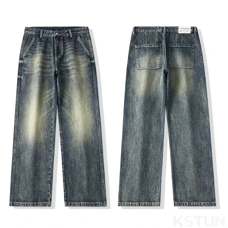 KSTUN Loose Jeans Men Baggy Pants Wide Leg Retro Blue Streetwear Men's Clothing Male Denim Trousers Cowboys Brand Jeans Homme