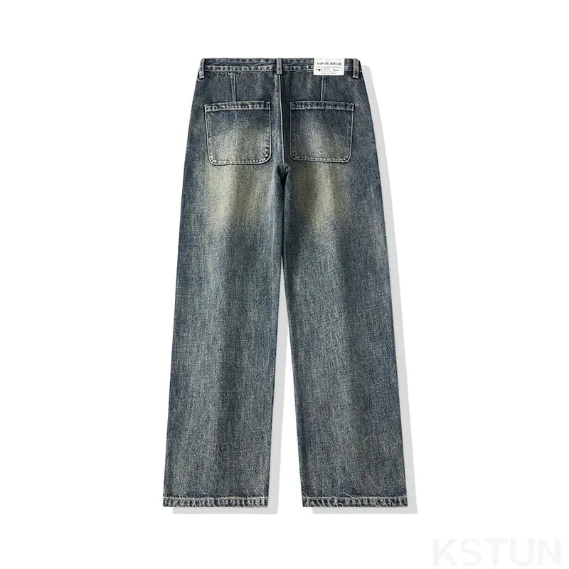 KSTUN Loose Jeans Men Baggy Pants Wide Leg Retro Blue Streetwear Men's Clothing Male Denim Trousers Cowboys Brand Jeans Homme