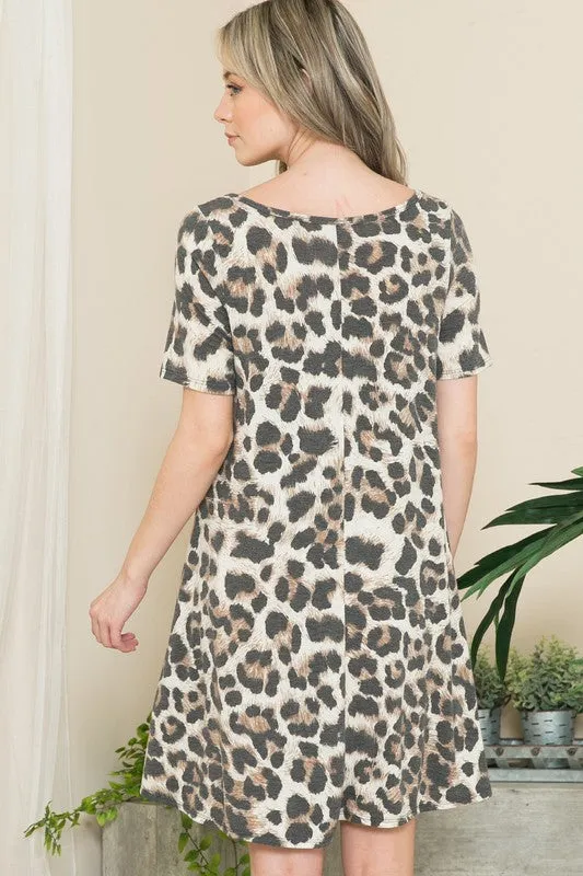 Leopard Short Sleeve V Neck Midi Dress
