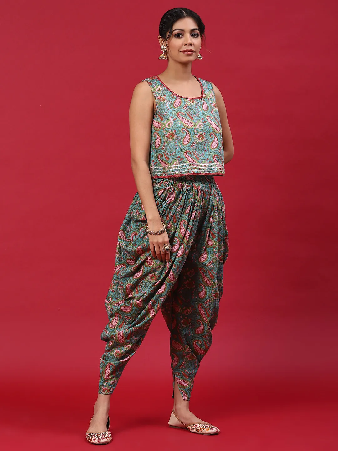 Light Blue Floral Print Dhoti Co-Ord Set With Jacket