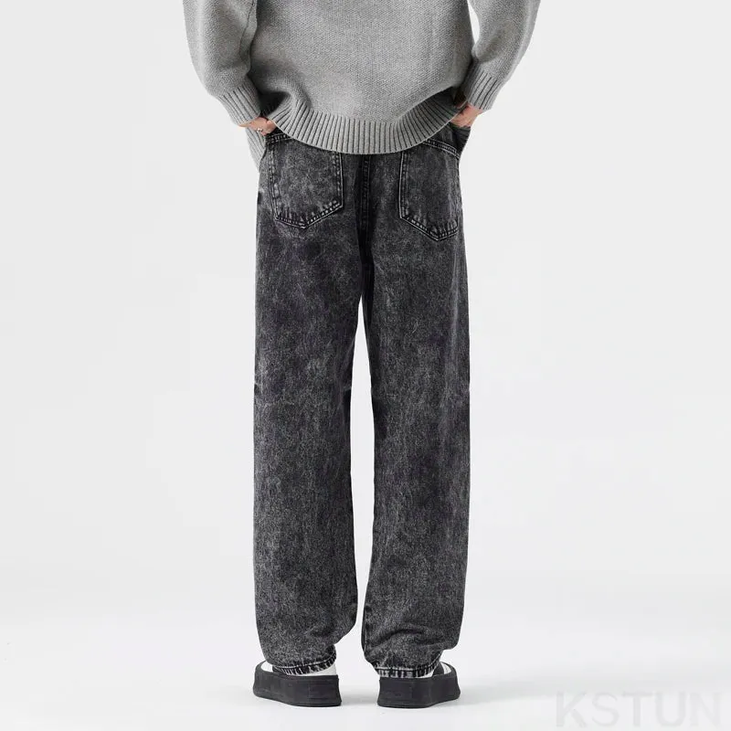 Men Baggy Jeans Wide Leg Denim Pants Casual Loose Fit Gray Snow Wash Trendy Streetwear Hip Hop Mens Clothing Students Cowboys