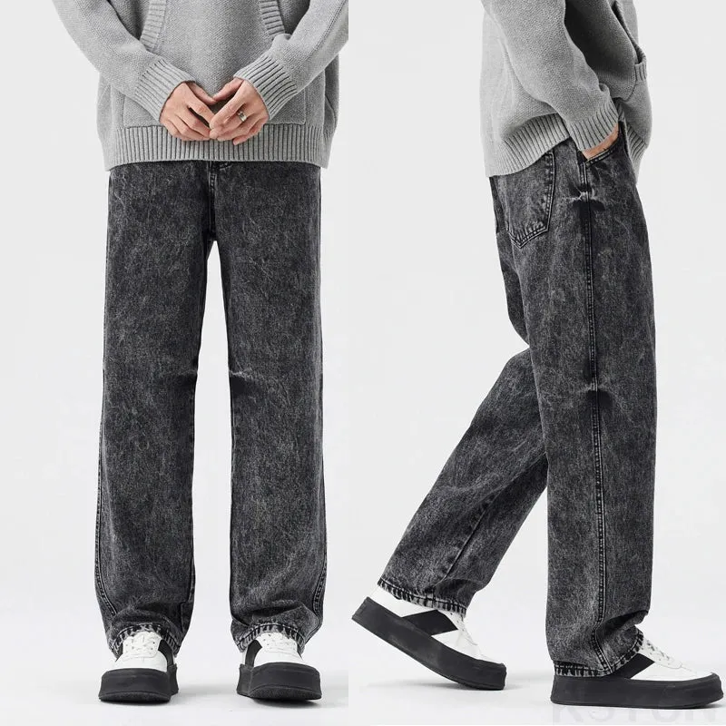 Men Baggy Jeans Wide Leg Denim Pants Casual Loose Fit Gray Snow Wash Trendy Streetwear Hip Hop Mens Clothing Students Cowboys