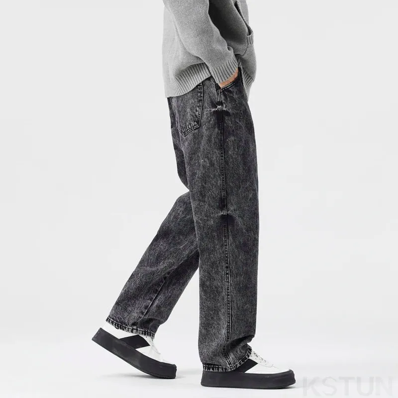 Men Baggy Jeans Wide Leg Denim Pants Casual Loose Fit Gray Snow Wash Trendy Streetwear Hip Hop Mens Clothing Students Cowboys