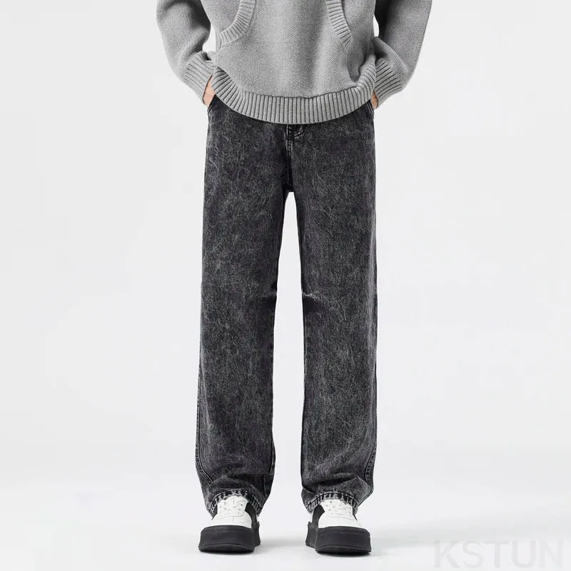 Men Baggy Jeans Wide Leg Denim Pants Casual Loose Fit Gray Snow Wash Trendy Streetwear Hip Hop Mens Clothing Students Cowboys