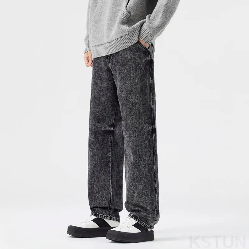 Men Baggy Jeans Wide Leg Denim Pants Casual Loose Fit Gray Snow Wash Trendy Streetwear Hip Hop Mens Clothing Students Cowboys