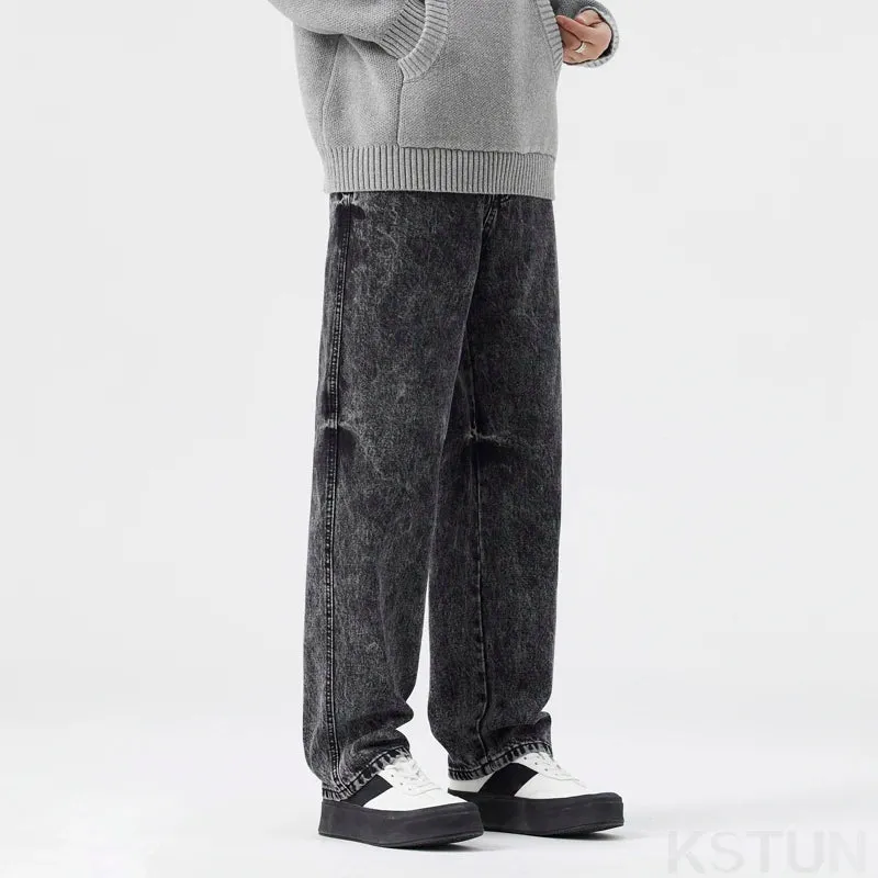 Men Baggy Jeans Wide Leg Denim Pants Casual Loose Fit Gray Snow Wash Trendy Streetwear Hip Hop Mens Clothing Students Cowboys