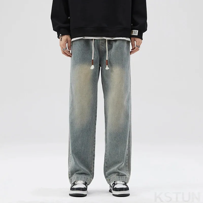 Mens Baggy Pants Jeans Loose Fit Wide Leg Denim Pants Retro Blue Black Elastic Waist Side Striped Students Cowboys Male Trousers