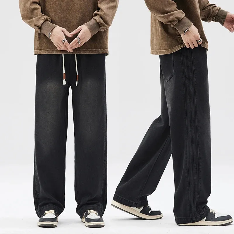 Mens Baggy Pants Jeans Loose Fit Wide Leg Denim Pants Retro Blue Black Elastic Waist Side Striped Students Cowboys Male Trousers