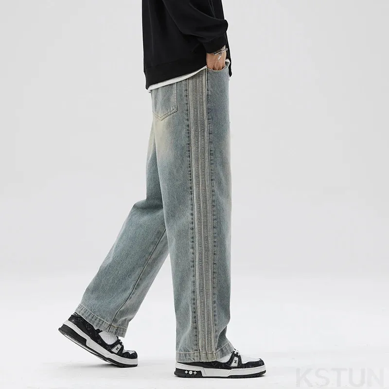 Mens Baggy Pants Jeans Loose Fit Wide Leg Denim Pants Retro Blue Black Elastic Waist Side Striped Students Cowboys Male Trousers