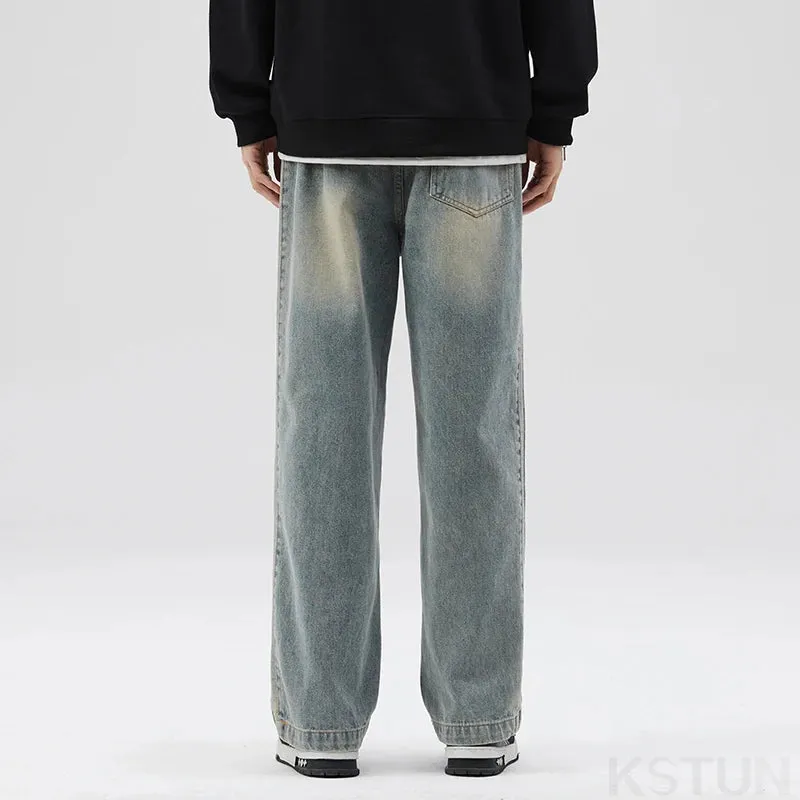 Mens Baggy Pants Jeans Loose Fit Wide Leg Denim Pants Retro Blue Black Elastic Waist Side Striped Students Cowboys Male Trousers