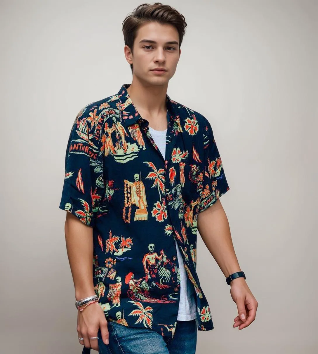 Men's Blue Skeleton All Over Printed Oversized Shirt