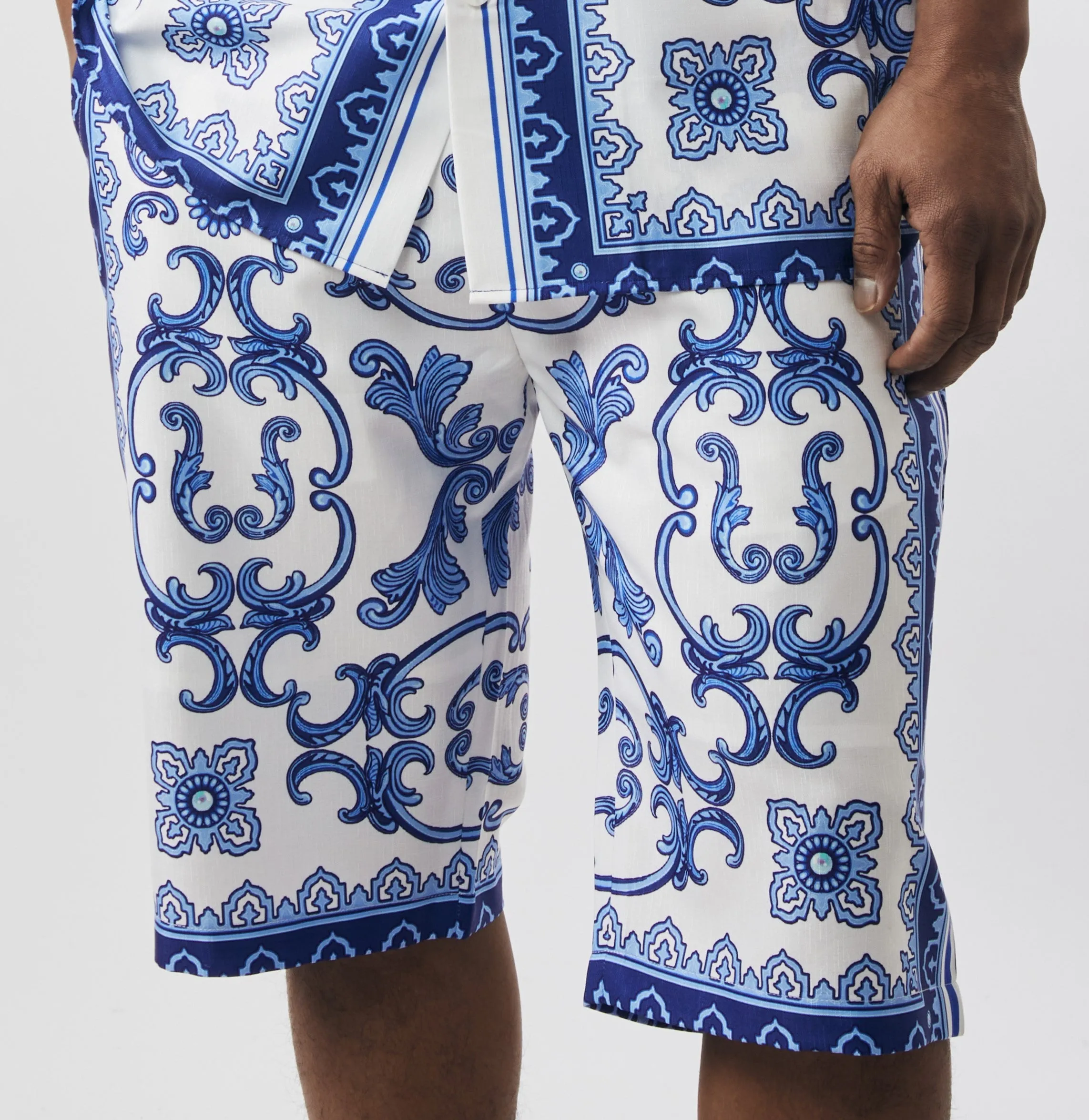 Mens Stacy Adams Designer Shirt   Shorts Set Artistic White Blue Scroll 77115