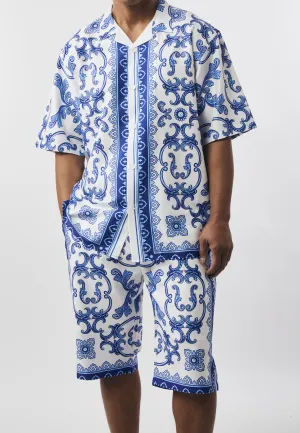 Mens Stacy Adams Designer Shirt   Shorts Set Artistic White Blue Scroll 77115