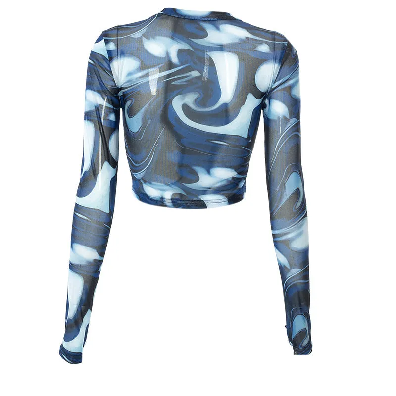 Mesh Sheer Print Long Sleeve Crop Top