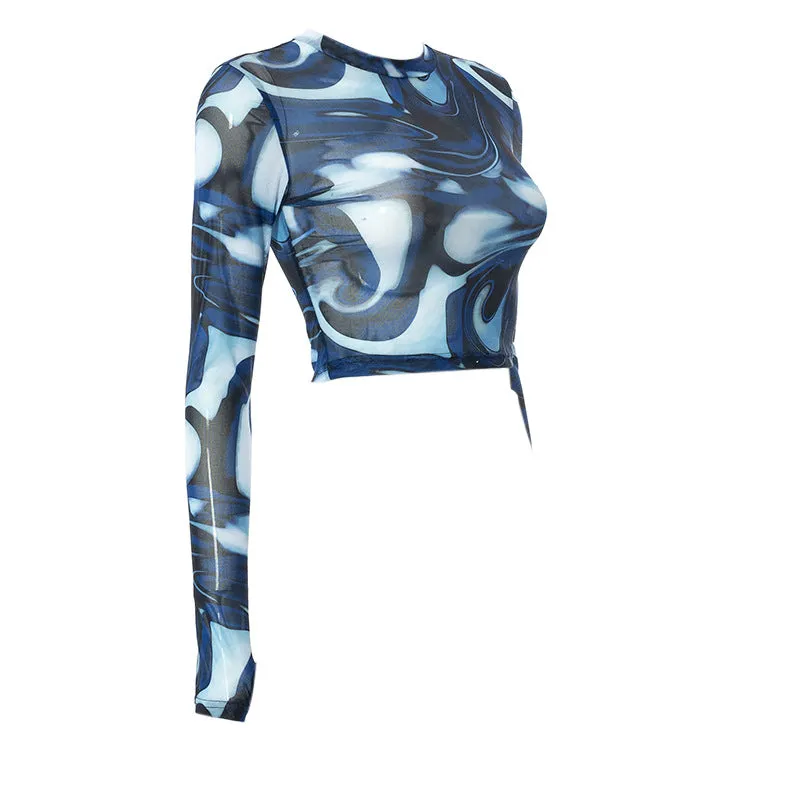 Mesh Sheer Print Long Sleeve Crop Top