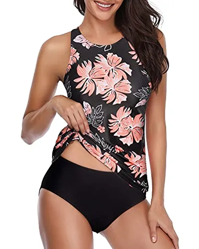 Modest Tummy Control 2 Piece Bathing Suit-Black Orange Floral