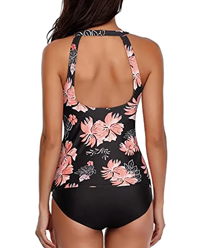 Modest Tummy Control 2 Piece Bathing Suit-Black Orange Floral