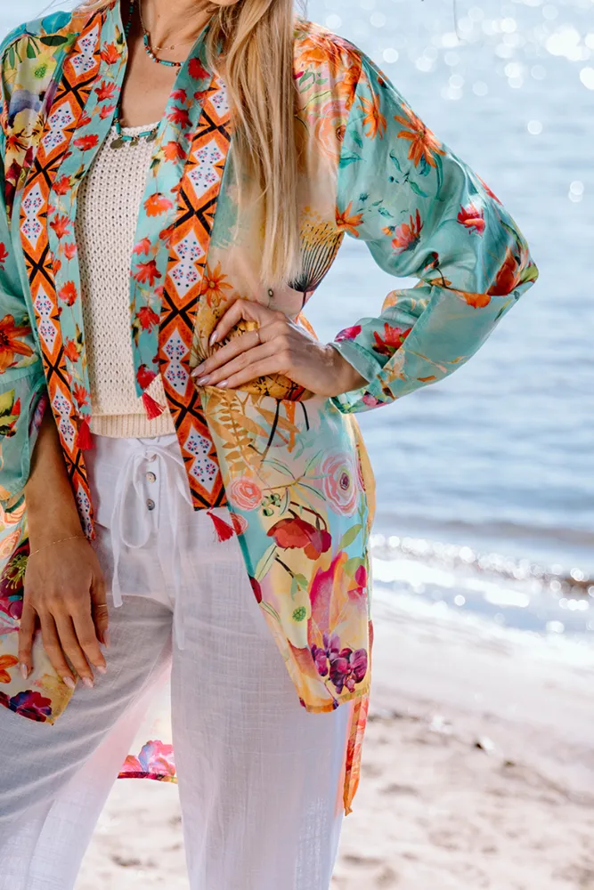 Multi Colour Turquoise Desert Bloom Kimono By Cienna