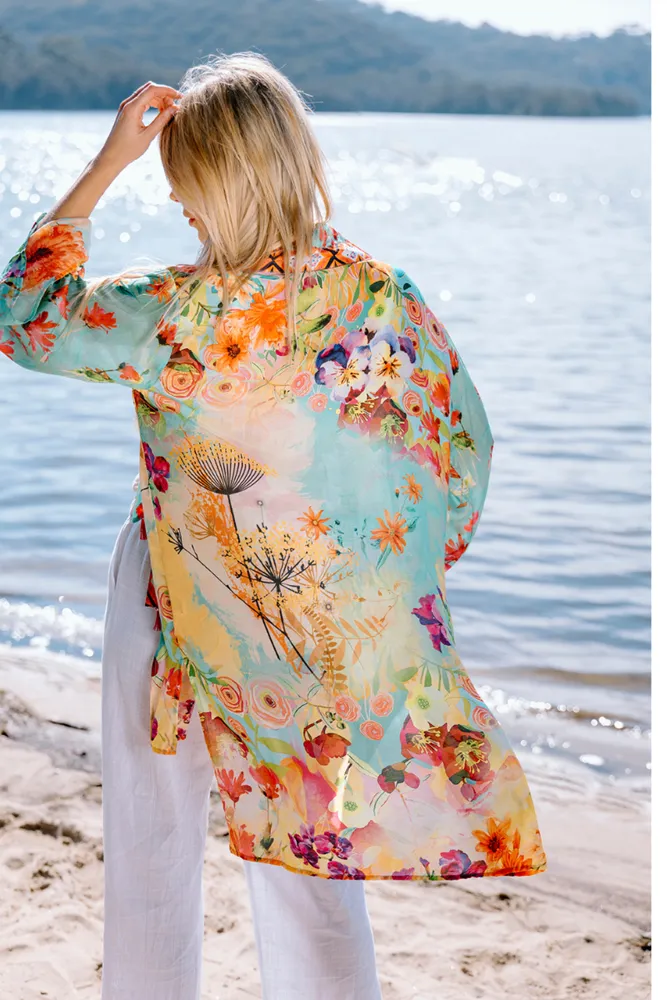 Multi Colour Turquoise Desert Bloom Kimono By Cienna