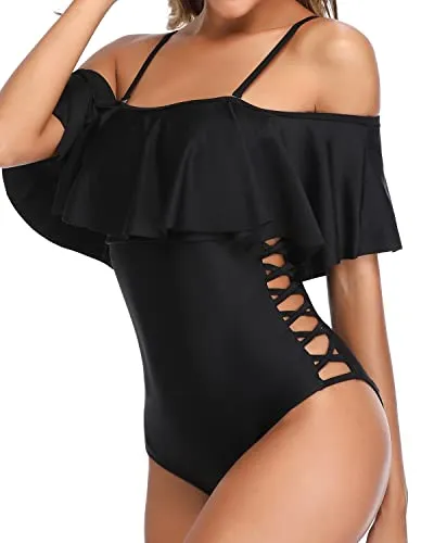 Off Shoulder One Piece Swimsuits With Ruffle For Women-Black