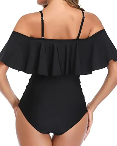 Off Shoulder One Piece Swimsuits With Ruffle For Women-Black